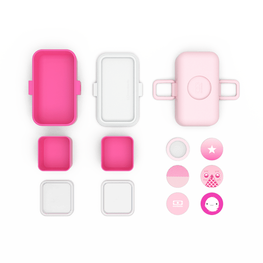 Fiambrera rosa abierta con accesorios incluidos