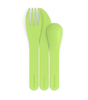 Tres cubiertos biodegradables, cuchara tenedor y cuchillo color verde