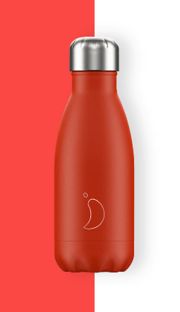 botella de acero inoxidable de color rojo neon 260 ml. de capacidad sobre fondo blanco y rojo
