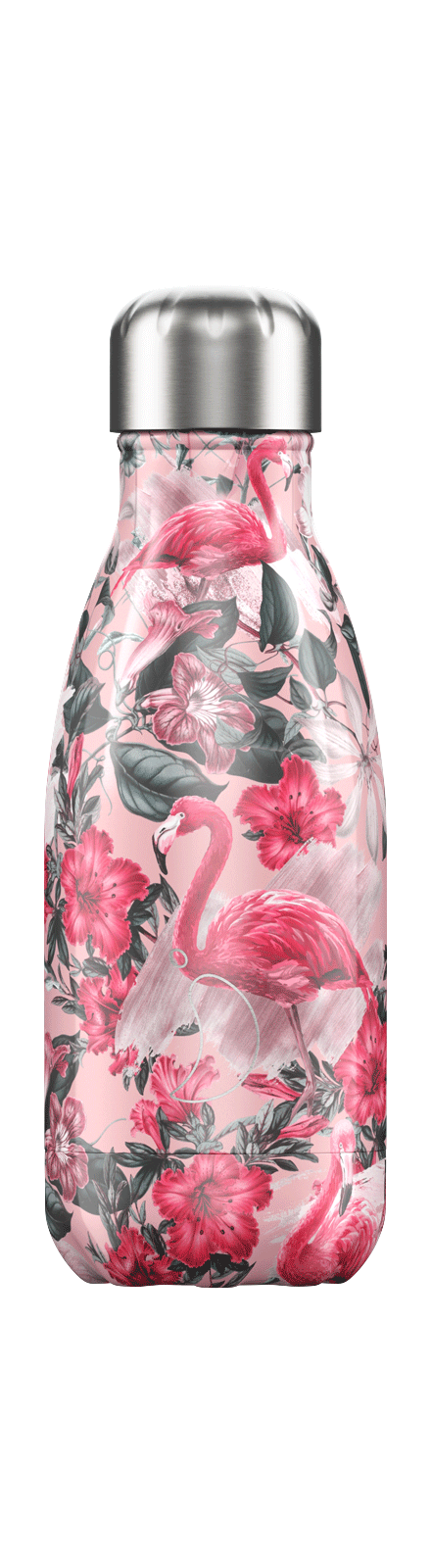 botella de acero con flores y un flamenco rosa