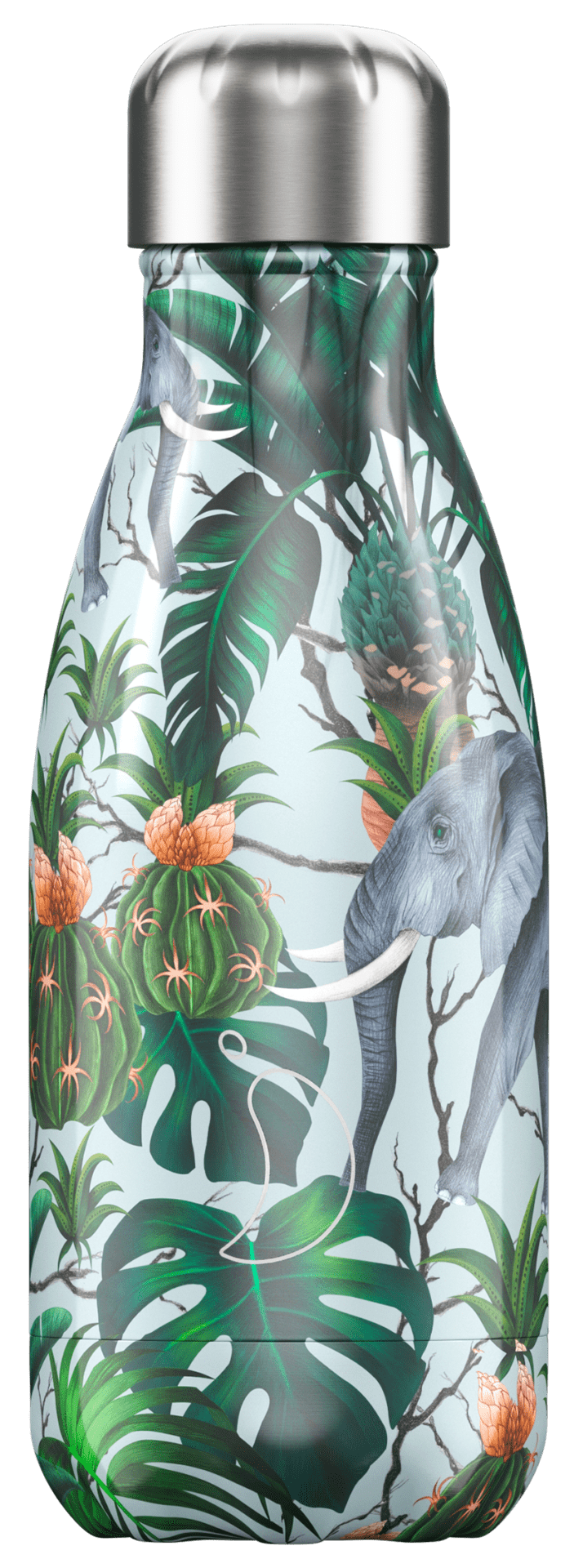 botella de acero con hojas verdes y un elefante gris