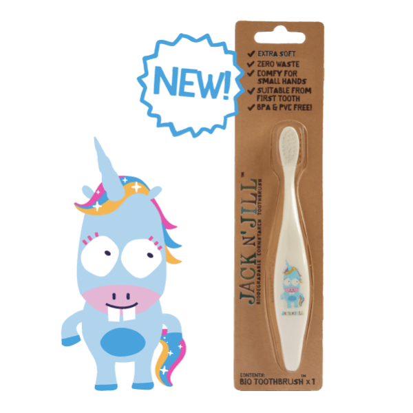 cepillo de dientes para niños biodegradable de almidón de maíz. color blanco con unicornio